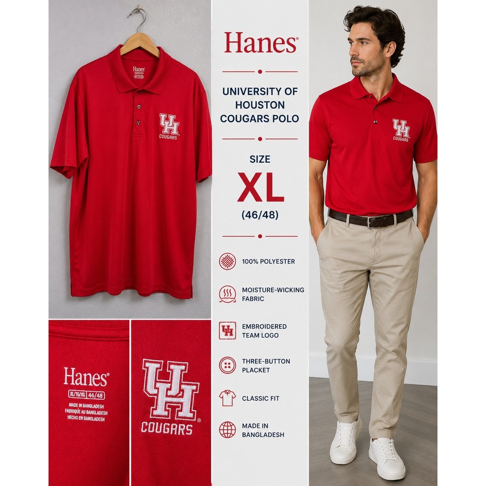 Hanes University of Houston Cougars Polo Shirt Mens XL Red Moisture Wicking UH